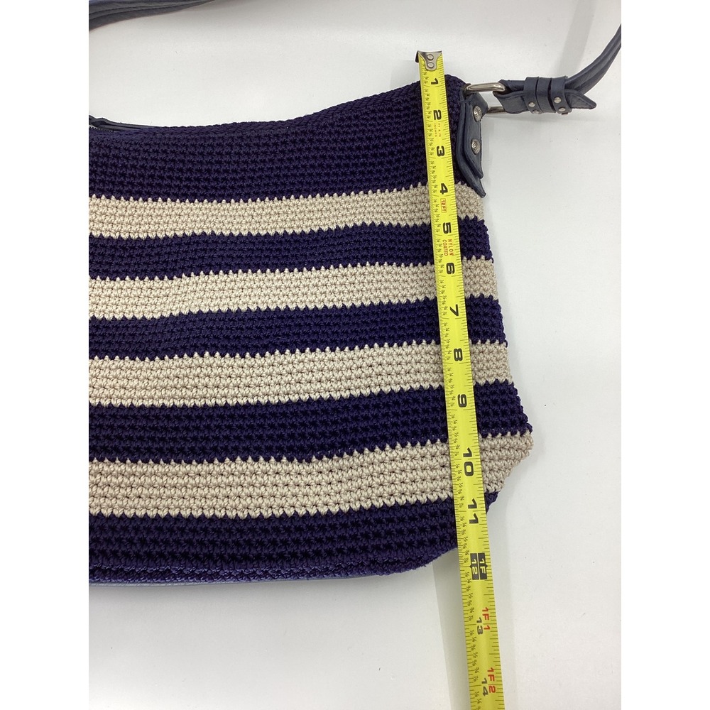 The Sak Navy Blue Cream Striped Crochet Hobo Shoulder Bag Nautical Boho Zip Top - Picture 7 of 7